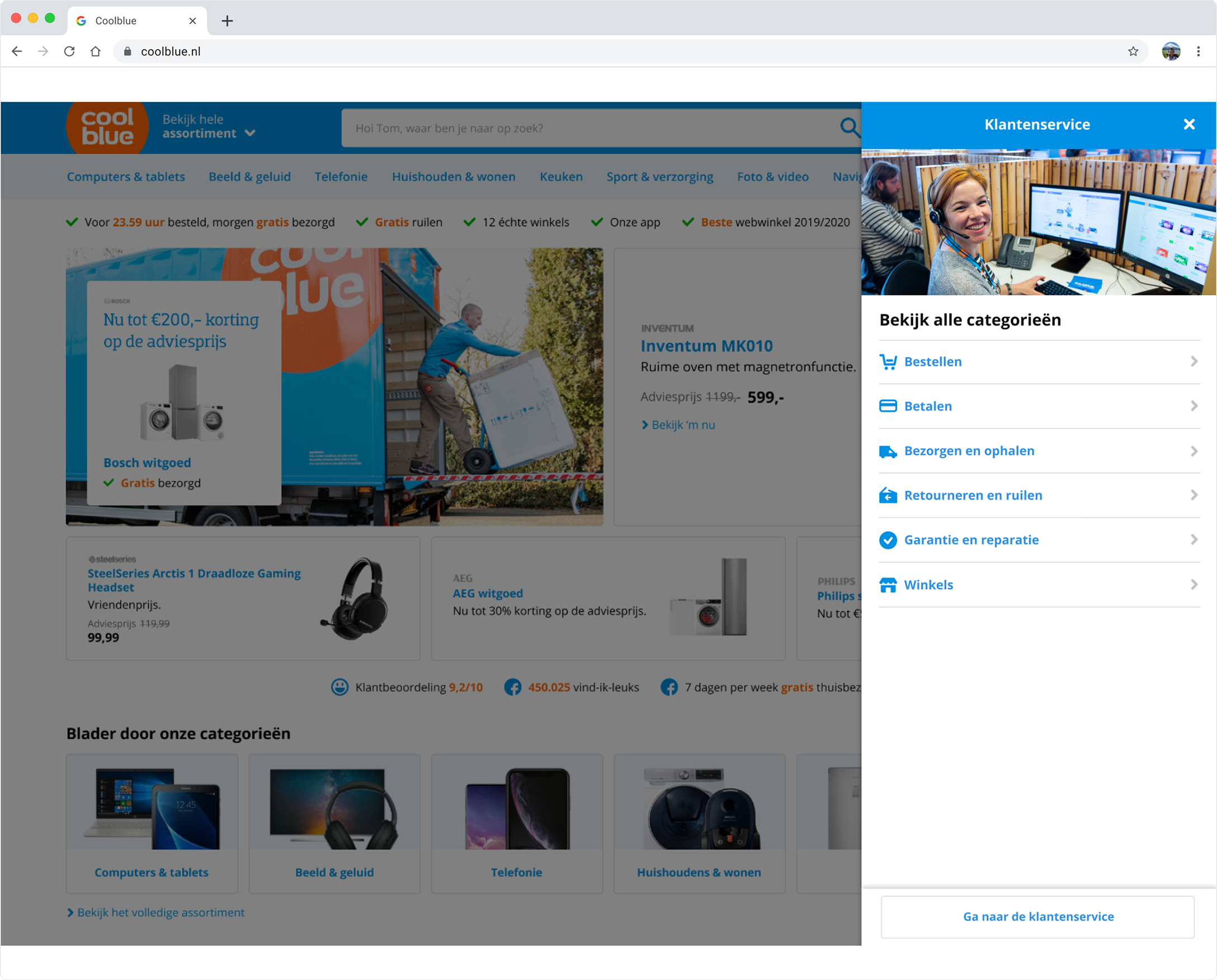 Coolblue customer service sidebar opened over the homepage