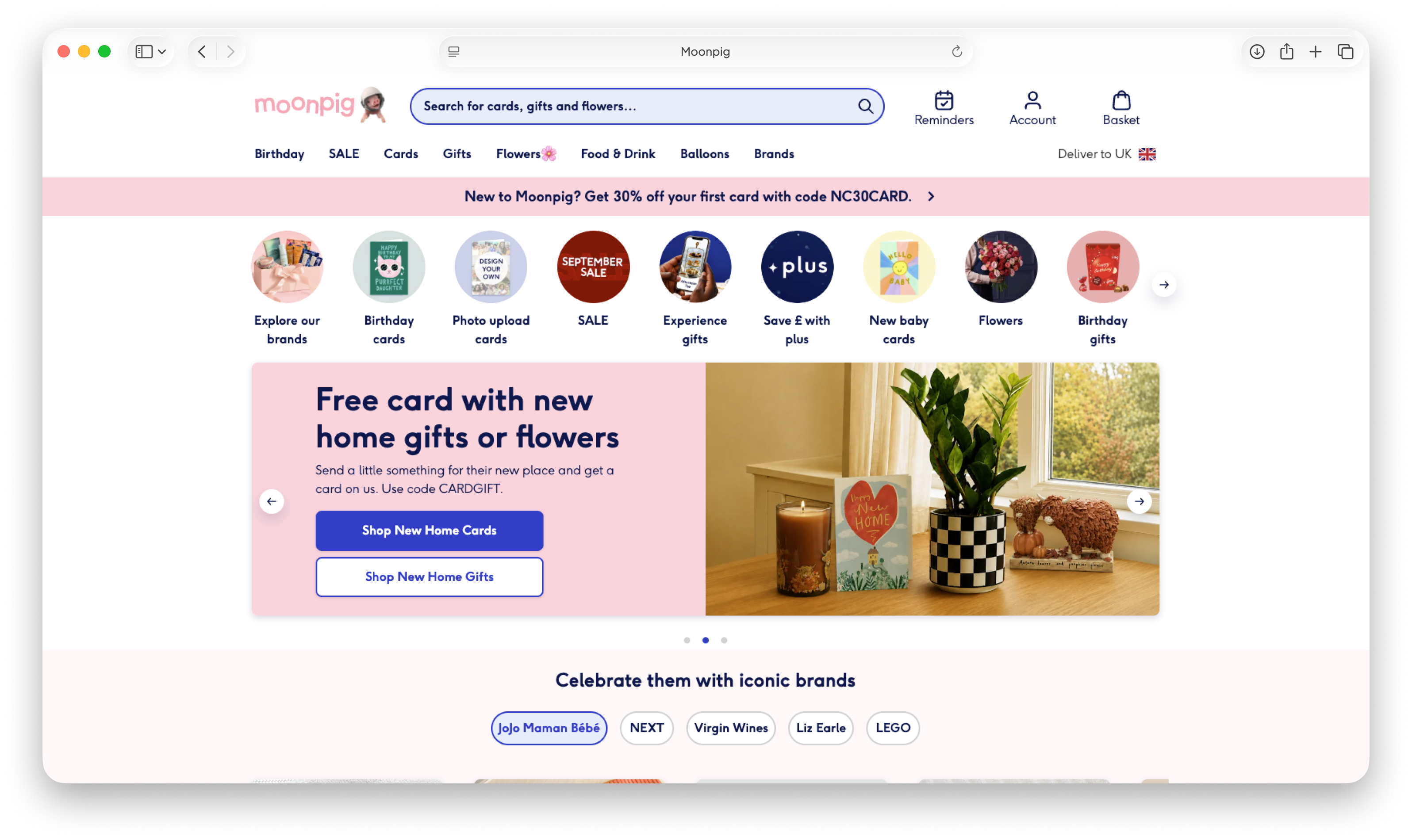 Moonpig website homepage shown in a browser window