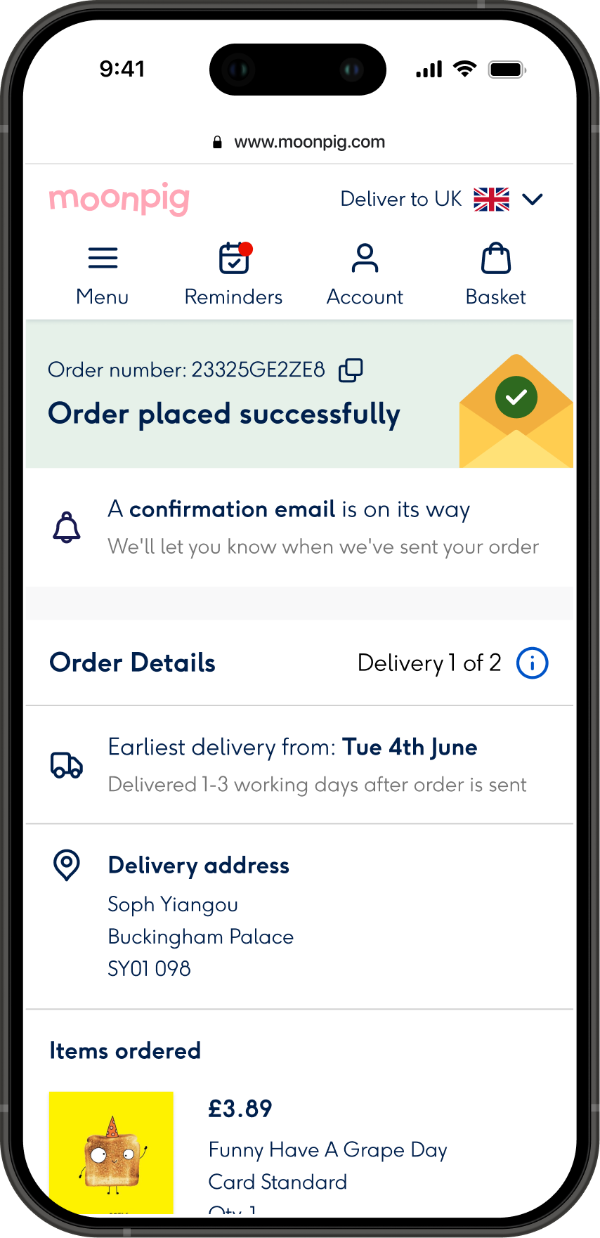 Moonpig order confirmation experience showing delivery details and order status