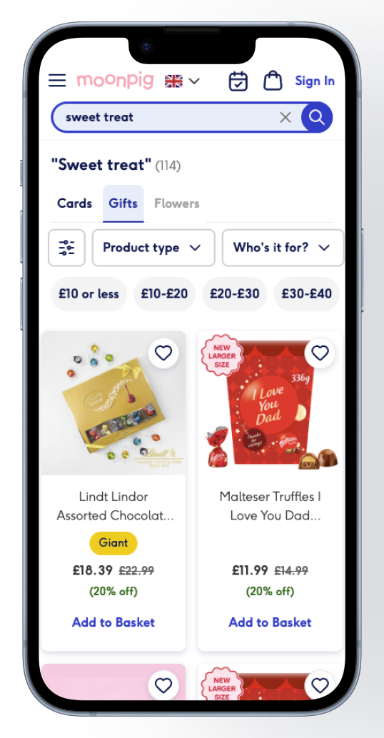 Moonpig search results on mobile